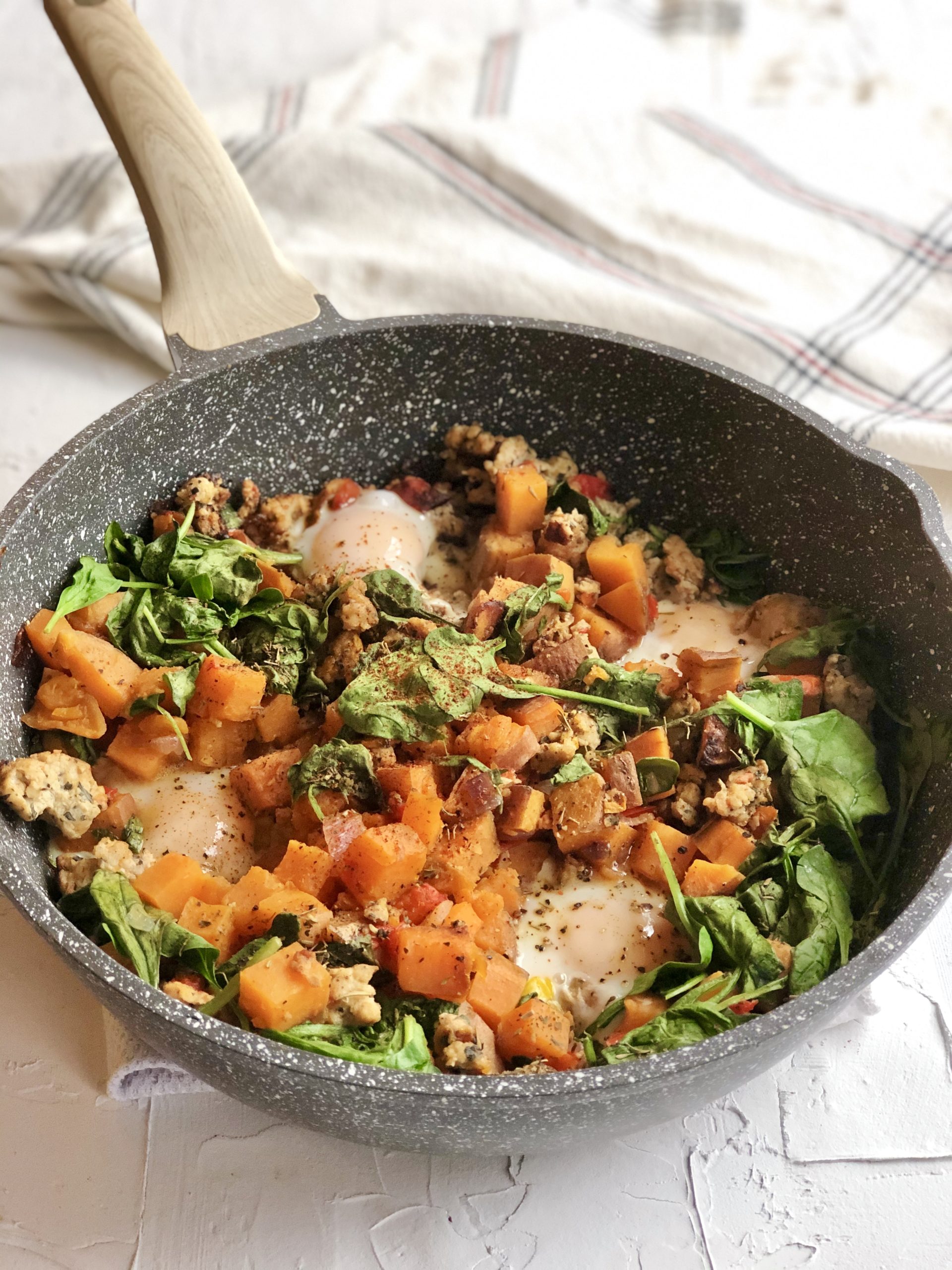 Healthy Breakfast Skillet Hash with Sweet Potatoes and Sausage